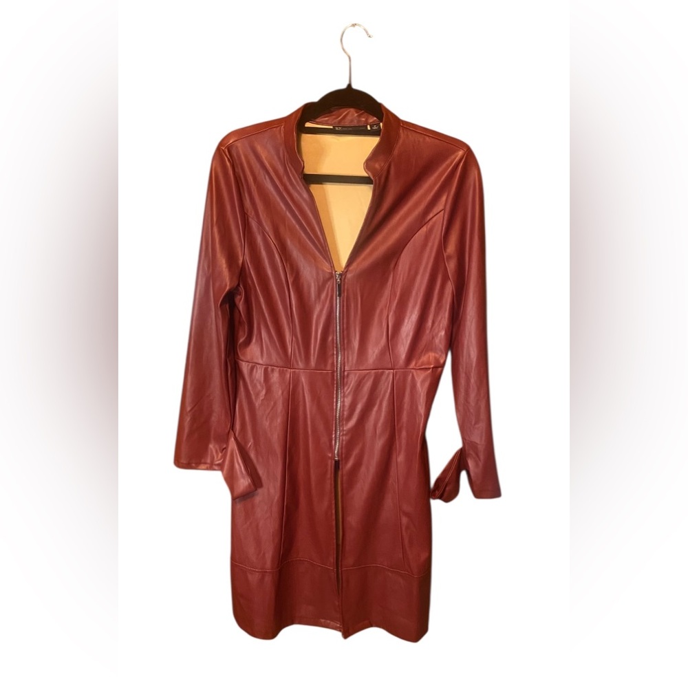 New York & Company Faux Leather Jacket Medium Red Zip Up Longline Moto